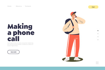 Making phone call landing page with teen boy speak on mobile. Schoolboy talking with smartphone