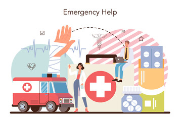 Urgency rescuer help. Ambulance lifeguard in uniform assisting first © inspiring.team