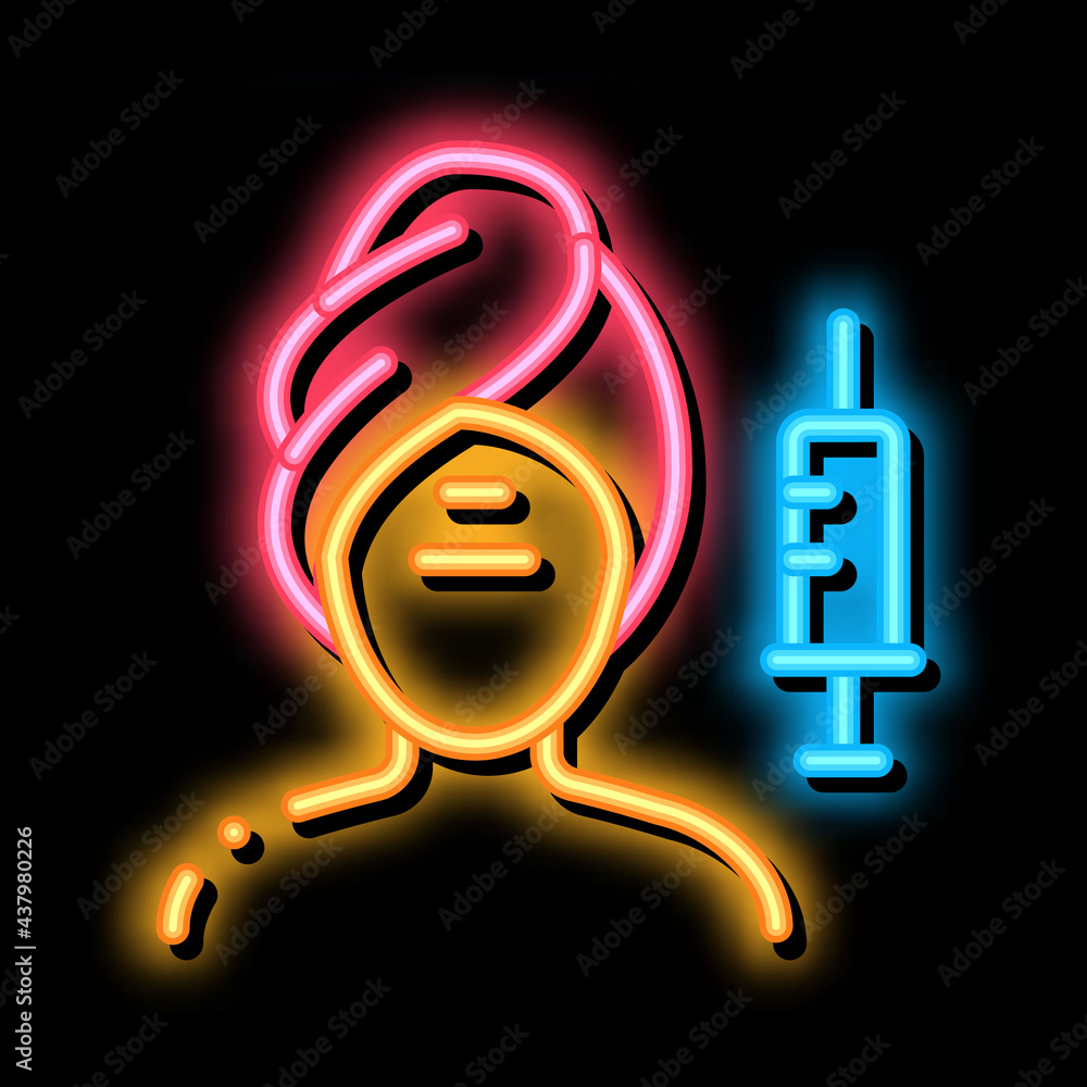 Poster injection into problem areas of face neon light sign vector. glowing bright icon injection into prob