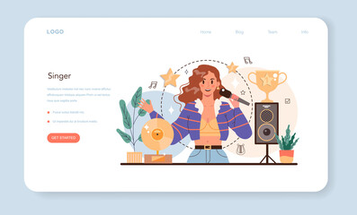 Singer web banner or landing page. Performer singing with microphone on stage.