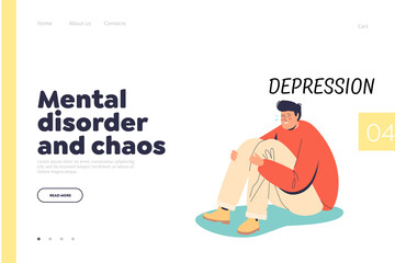 Mental disorder and chaos concept of landing page with anxious depressed man on floor