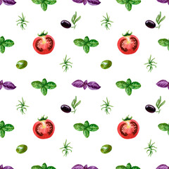 The pattern. Tomatoes, basil, olives. The image is hand-drawn and isolated on a white background. Watercolour painting.