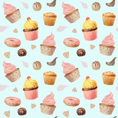 Cute pattern on a light blue background. Cakes and sweets. The image is drawn by hand. Watercolour painting.