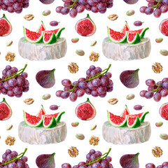 The pattern. Various cheeses and nuts, grapes, figs. The image is hand-drawn and isolated on a white background. Watercolour painting.