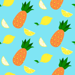 Seamless pattern of tropical fruits. Pineapples and lemons.