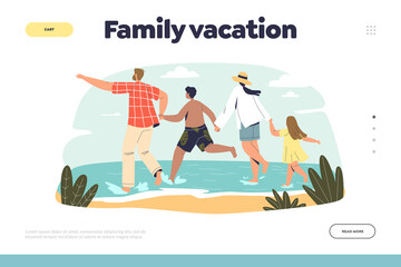 Family vacation concept of landing page with parents and kids travel together on sea tropical resort