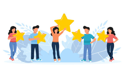 Obraz premium Concept of feedback, testimonials messages and notifications. Rating on customer service illustration. Five big stars with people sitting on them and giving reviews on their lap tops. Flat vector