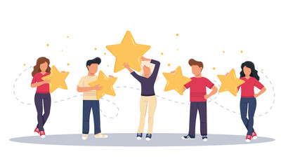 Concept of feedback, testimonials messages and notifications. Rating on customer service illustration. Five big stars with people sitting on them and giving reviews on their lap tops. Flat vector