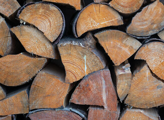 Fototapeta premium Closeup of pieces of chopped firewood with traces of resin, stacked by a wall.