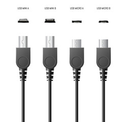 USB cables and sockets set realistic. Connector plugs for smartphone charging or devices connection