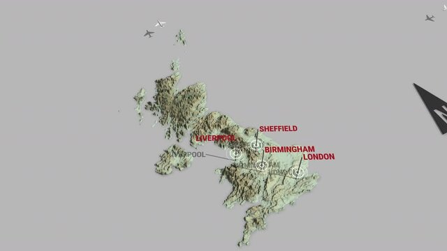 Seamless looping animation of the 3d terrain map of United Kingdom with the capital and the biggest cites in 4K resolution