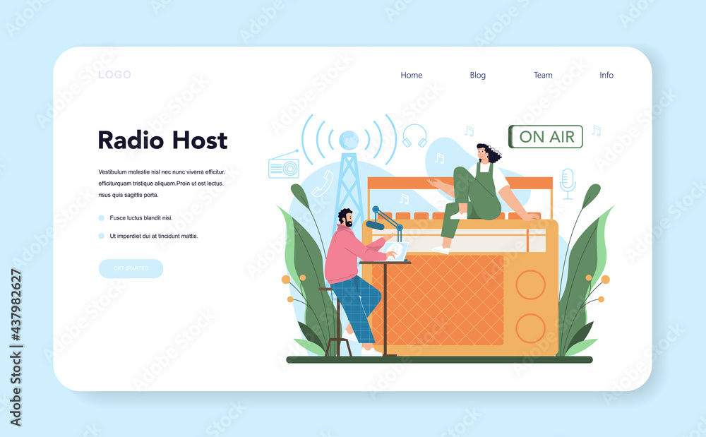 Poster radio host web banner or landing page. idea of news broadcast in the studio