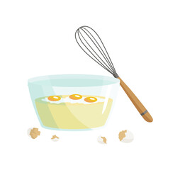Eggs in a glass bowl for kneading. Ingredient and cookware for making dough, cookie or croissant. Flat cartoon vector isolated icon
