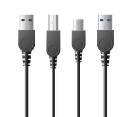 USB type A, C, micro usb, super speed and lightning cable connector 3d realistic