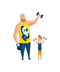 Father spend time with son. Dad goes in for sports with son, happy family concept. Fatherhood flat cartoon vector illustration. Outdoor activity