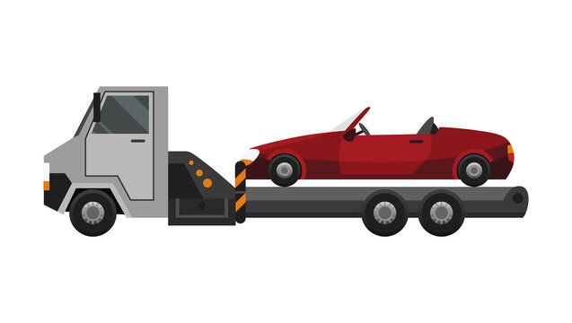 Tow truck. Flat faulty car loaded on a tow truck. Vehicle repair service which provides assistance damaged or salvaged cars