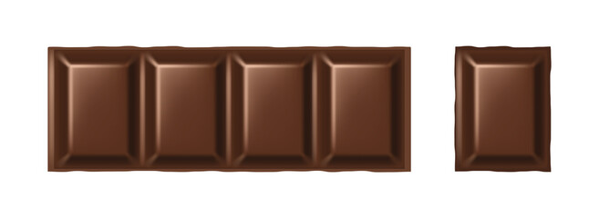 Realistic milk chocolate bar and piece. Brown delicious mock up of natural chocolate dessert