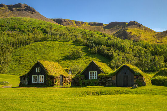 Icelandic grass covered turf houses, Iceland, Skogar