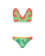 Fashion swimsuit. Flat icon of cartoon trendy female beachwear. Two-piece swimming suit or bathing girls and womans underwear lingerie. Vector colorful swimwear