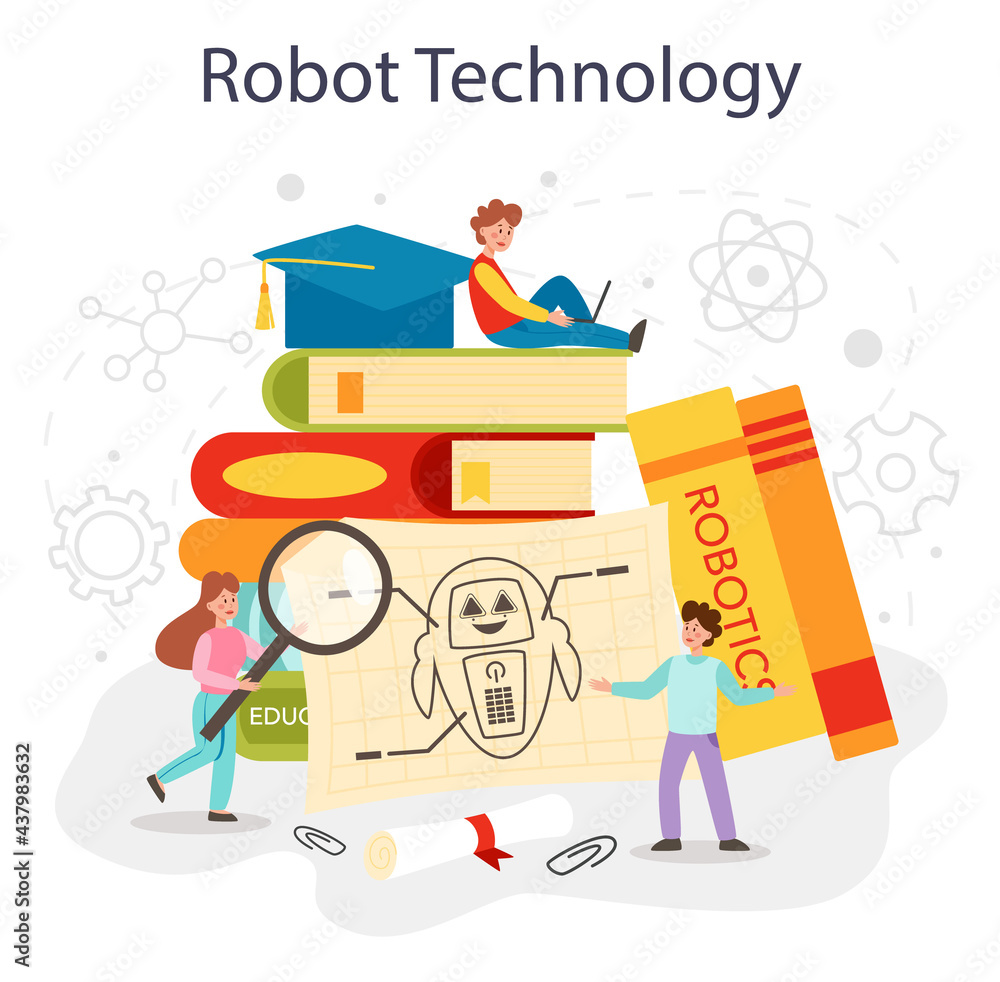 Poster robotics school subject concept. robot engineering and programming