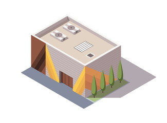 Isometric supermarket or grocery store building. Vector isometric icon or infographic element representing mall building. 3D shop market for city infrastructure