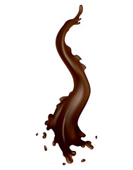Chocolate splashes. Realistic drops or swirl flow on white background. Vector liquid cacao food, hot drink template. Delicious dark chocolate for confectionery desserts advertisement
