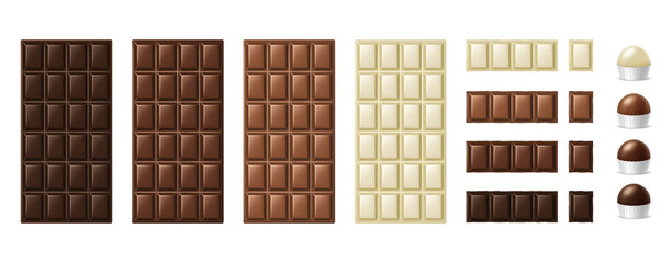 Chocolate bars, pieces and candies. Realistic dark chunks of milky dark and white chocolate