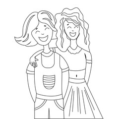 Young smiling lesbian women doodle. Happy pride month. Non-traditional same sex relationships, happy LGBT couple. Hand drawing vector illustration on white background.