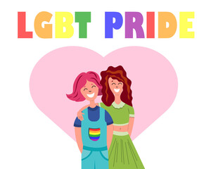 Young smiling lesbian women with LGBT pride lettering and pink heart. Happy LGBT pride month. Non-traditional same sex relationships. Cartoon flat vector illustration.