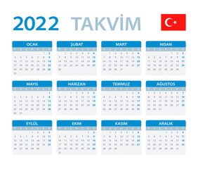 2022 Calendar - vector template graphic illustration - Turkish version. 