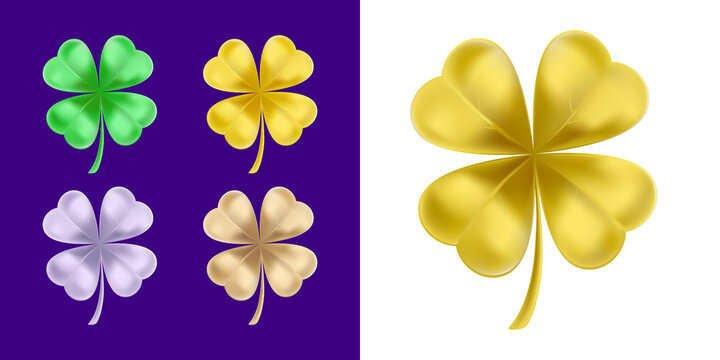 Clover leaf in realistic style. Gold,  green, bronze and lilac shamrock jewellery. Beautiful artwork with gradient mesh. Vector illustration.