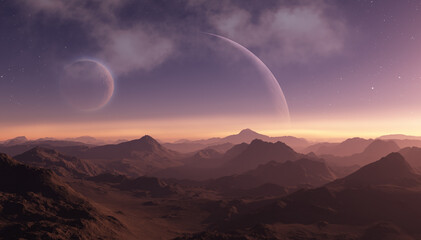 Fototapeta premium 3d rendered Space Art: Alien Planet - A Fantasy Landscape with purple skies and stars
