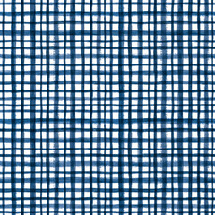Blue Gingham Check Watercolor seamless pattern. Navy blue checkered texture. Hand drawn Tartan ornament. Retro Plaid Background for design print, textile, fabric, scrapbooking, wrapping paper