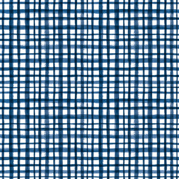 Blue Gingham Check Watercolor seamless pattern. Navy blue checkered texture. Hand drawn Tartan ornament. Retro Plaid Background for design print, textile, fabric, scrapbooking, wrapping paper