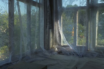 view from garden-house, tulle on the window