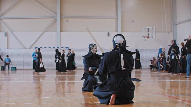 Kendo tournament - two fighters greeting each other before the fight
