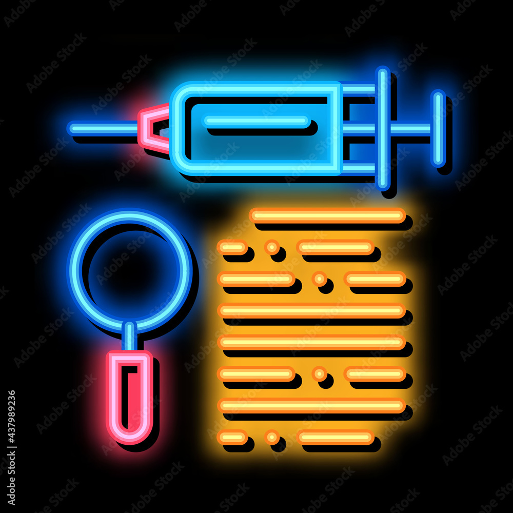 Poster study of action of injection neon light sign vector. glowing bright icon study of action of injectio