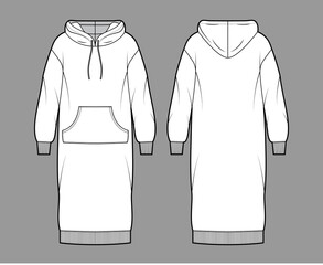 Dress hoody technical fashion illustration with long sleeves, kangaroo pouch, rib cuff oversized body, knee length skirt. Flat apparel front, back, white color style. Women, men unisex CAD mockup