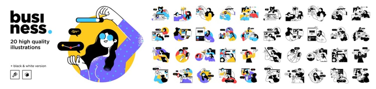 Business Concept illustrations. Mega set. Collection of scenes with men and women taking part in business activities. Vector illustration