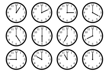 Set of 12 clock icons, showing different times.