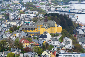 Fototapeta na wymiar Ålesund, a commercial port city on the west coast of Norway, at the mouth of several fjords in the Norwegian Sea