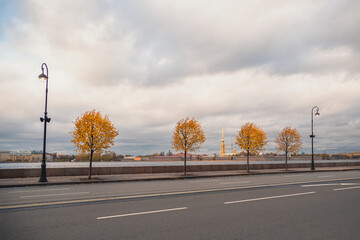 Dramatic view of the autumn city. Yellow autumn trees on the granite embankment in St. Petersburg.