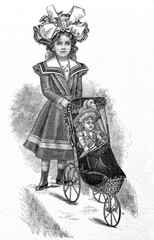 Little victorian girl wearing vintage dress engraved illustration doll