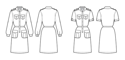 Set of Dresses safari technical fashion illustration with long short sleeves with cuff, flap cargo pockets, epaulettes, fitted body, knee length. Flat apparel front, back, white color. Women, men CAD