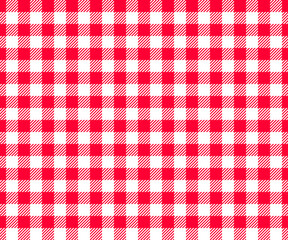 Red and white checkered background with striped squares for picnic blanket, tablecloth, plaid, shirt textile design. Gingham seamless pattern. Fabric geometric texture. Vector flat illustration. - obrazy, fototapety, plakaty