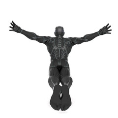 super hero in a exosuit is jumping rear view