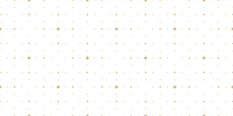 Subtle golden vector seamless pattern with small diamond shapes, stars, rhombuses, dots. Simple wide geometric background. Abstract minimal white and gold texture. Luxury repeat design for decor, wrap - obrazy, fototapety, plakaty