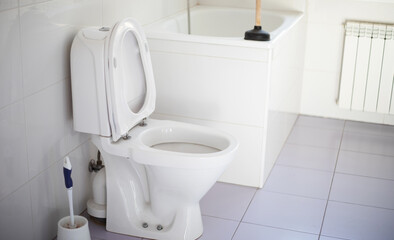 Close up photo of ceramic bowl toilet in white domestic bathroom