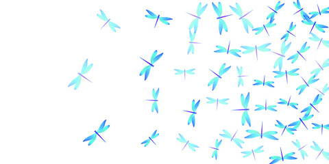 Tropical cyan blue dragonfly flat vector illustration. Summer vivid damselflies. Detailed dragonfly flat girly background. Sensitive wings insects patten. Fragile beings