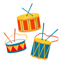 set of brightly colored drums with sticks. Rio carnival concept.